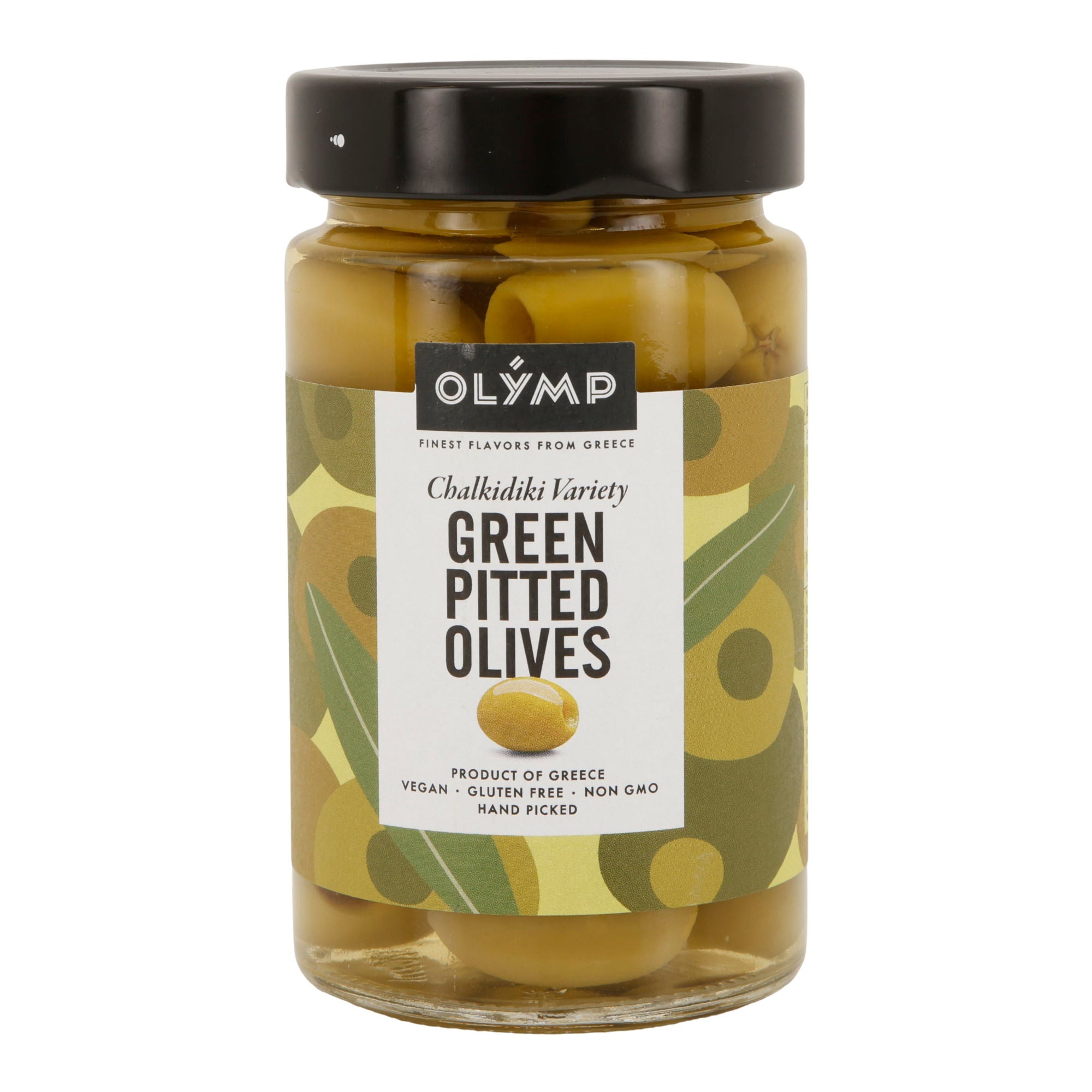Grüne Oliven Olymp | Chalkidiki entsteint | Vegan, Glutenfrei, Non-GMO | 320 g Glas Olymp Konstantopoulos